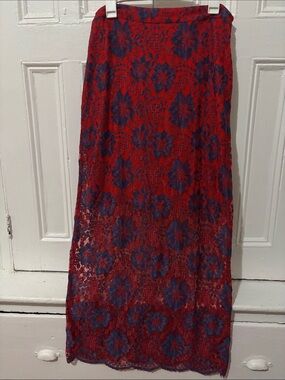G.I.L.I. Red Maxi Lace Skirt with Blue Floral Motif